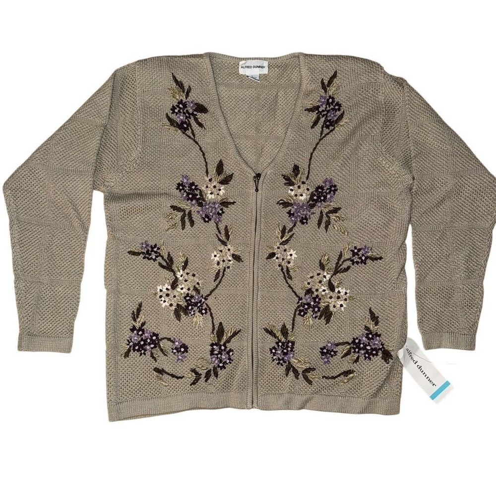Alfred Dunner Women's L Brown Wool blend Floral Embroidered‎ Full Zip Sweater